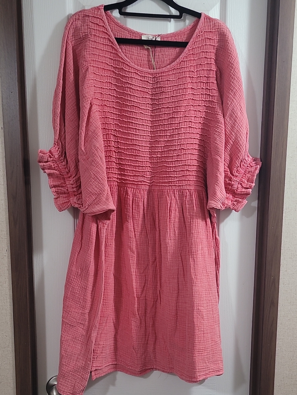 easel 3/4 Sleeve Gauze Pink Smocked Bodice Dress